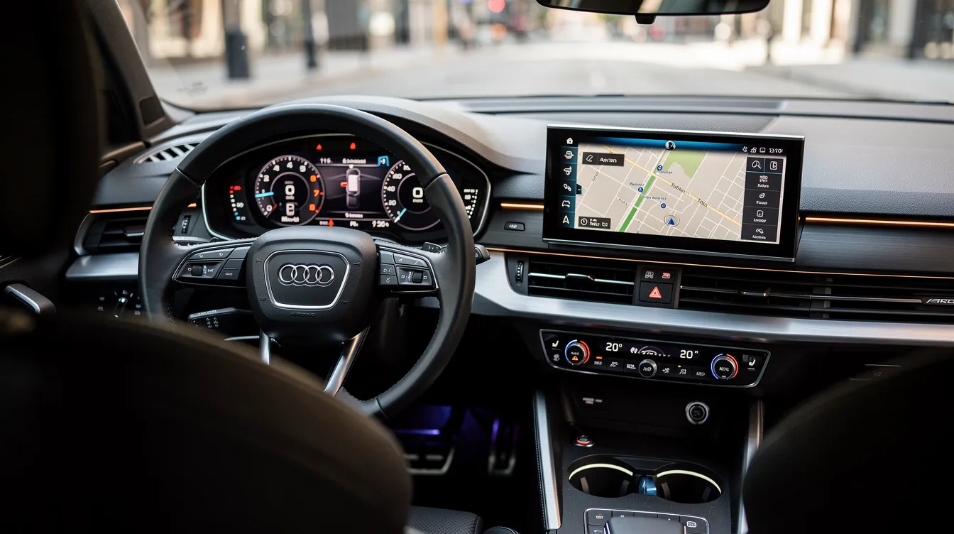 L'image montre l'intérieur d'une Audi A3, mettant en avant le tableau de bord moderne avec un cockpit numérique et un écran tactile. Le design élégant et fonctionnel reflète le confort et la technologie avancée de ce modèle, idéal pour une conduite agréable.