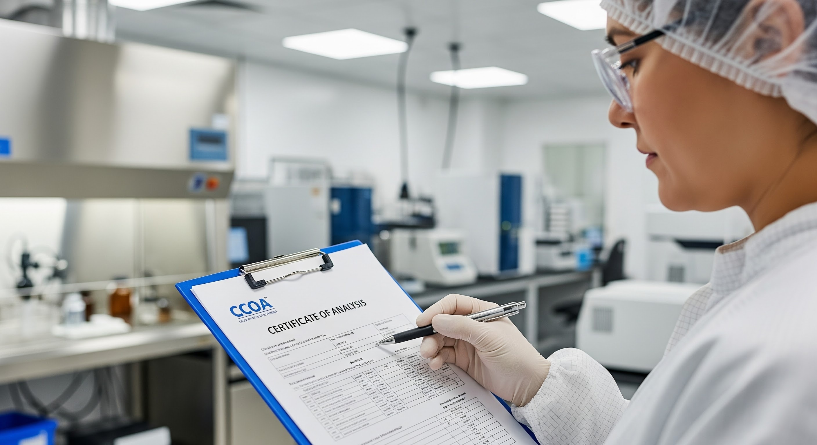 GMP-compliant lab scene: technician reviewing COA with clipboard, stainless equipment blurred background