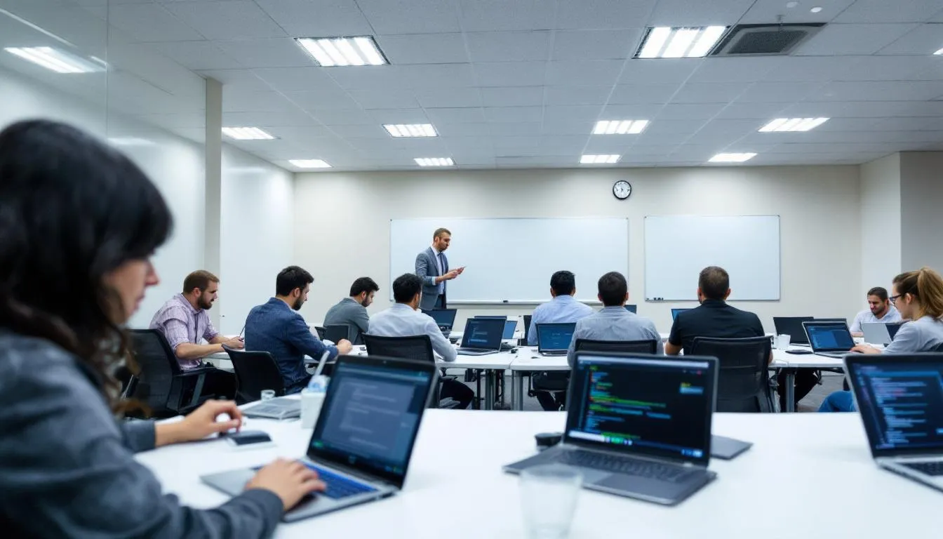 W sali szkoleniowej znajdują się uczestnicy, którzy pracują przy laptopach, angażując się w omówienie procesów biznesowych i rozwiązań z zakresu zarządzania zasobami przedsiębiorstwa, takich jak Microsoft Dynamics 365. Atmosfera jest skupiona, a uczestnicy korzystają z aplikacji, aby poprawić wydajność swoich firm.