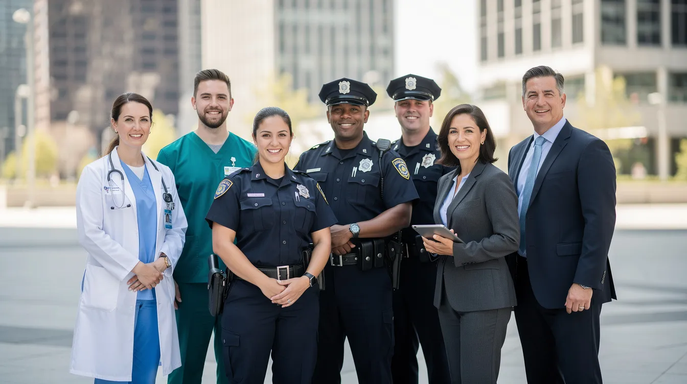 The image depicts a diverse group of professionals in various uniforms, including medical staff, police officers, and business professionals, standing together in a collaborative setting. This representation highlights the unity among 公務員及專業人士, showcasing their commitment to serving the community.