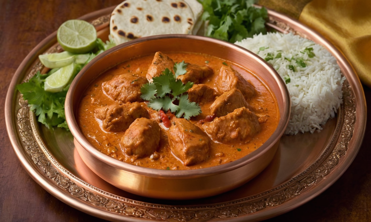 Bowl of delicious butter chicken curry served with fluffy rice and freshly baked naan bread.