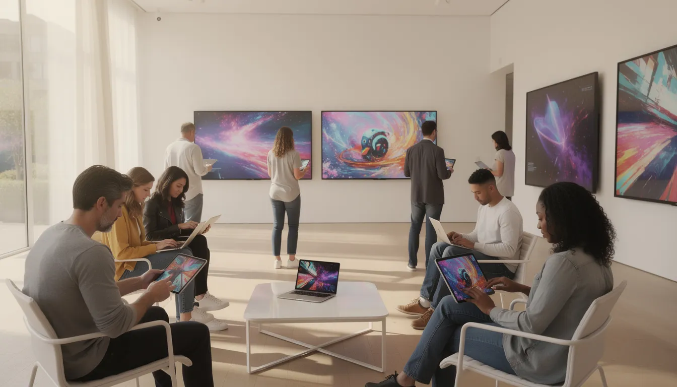 In a modern space, individuals are engaged in browsing digital art on their tablets and laptops, showcasing the integration of technology and creativity. This environment reflects the capabilities of a digital platform where users can explore unique features and share knowledge in a vibrant online marketplace.