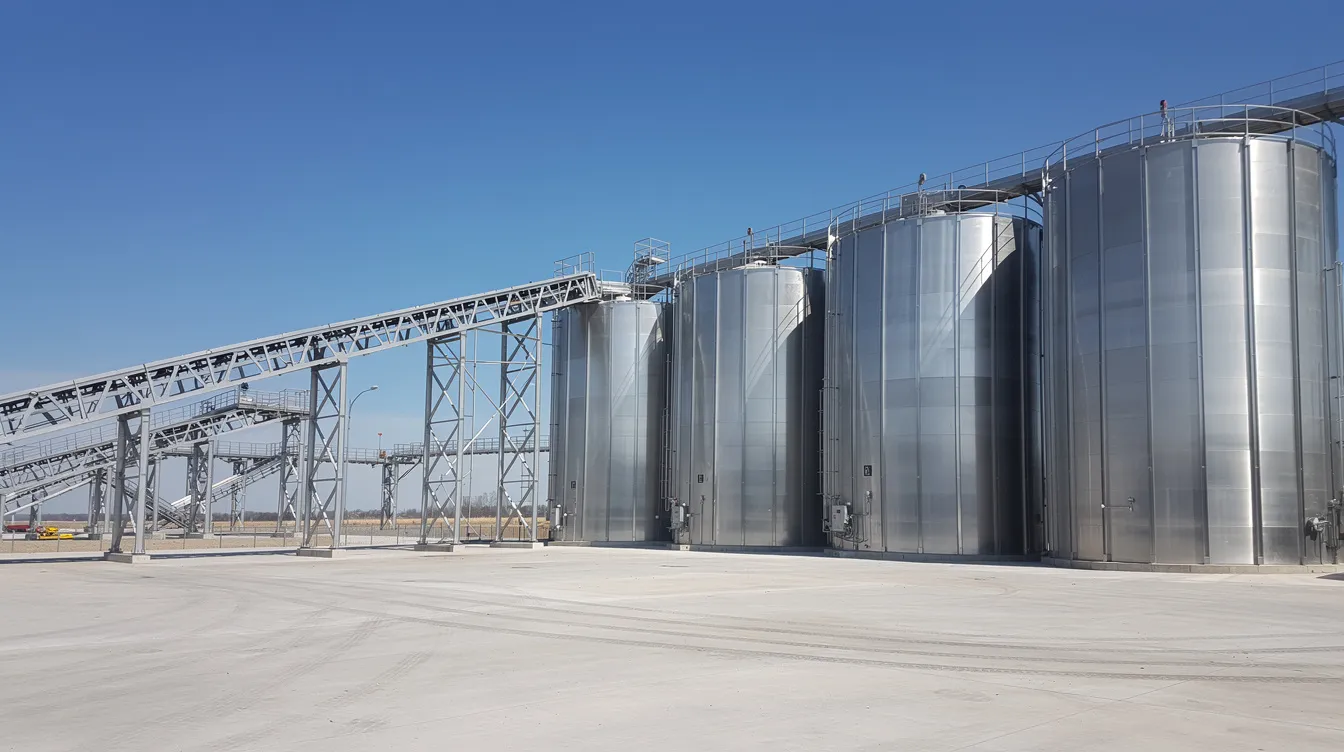 3fdc3ab4 81c8 40fa acfc 12b68490d274 The image depicts an industrial processing facility featuring large metal silos and extensive conveyor systems, all constructed from steel, set against a clear blue sky. This solvent extraction plant is designed for the efficient extraction of oil from oilseeds, highlighting the advanced machinery and storage capabilities integral to the oil production process.