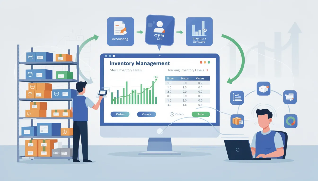 The image depicts a modern workspace featuring various inventory management tools displayed on a computer screen, showcasing their integration capabilities with other business tools like accounting software and CRM tools. This visual emphasizes the importance of optimizing supply chain operations and streamlining business processes for efficient management and customer service.