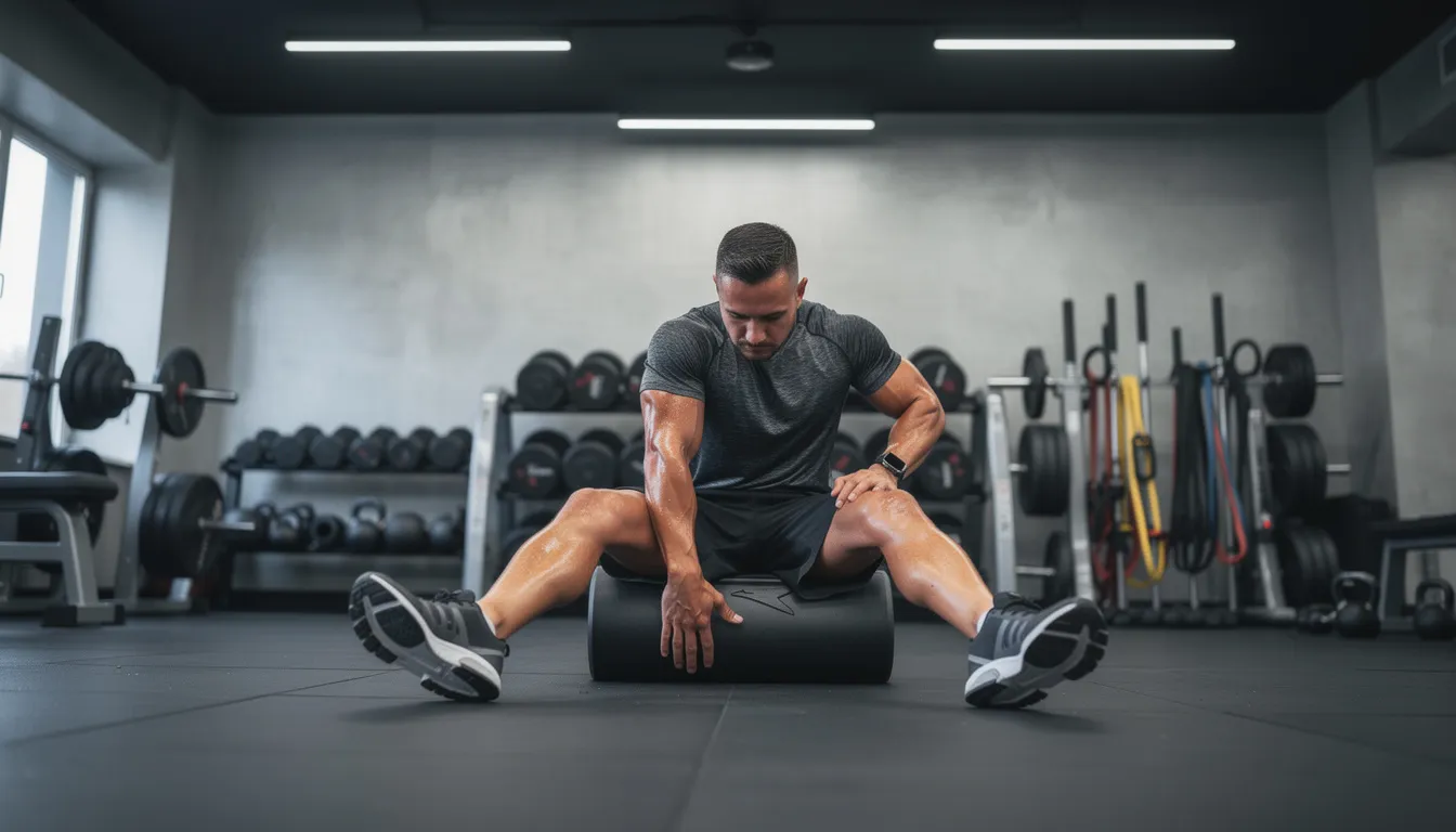 An athlete is seen stretching and foam rolling during a recovery session in a gym, focusing on muscle recovery and reducing muscle damage. This practice is essential for maintaining muscle strength and enhancing athletic performance, even on rest days.