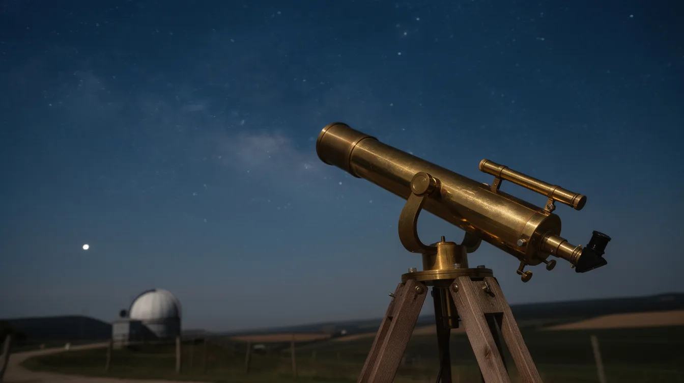 Na zdjęciu widoczny jest mosiężny teleskop astronomiczny, skierowany ku nocnemu niebu, które mieni się tysiącami gwiazd. Teleskop ten symbolizuje dążenie do poznania tajemnic kosmosu, które były przedmiotem badań wielu wybitnych fizyków, takich jak Albert Einstein, który wprowadził nas w świat teorii względności.