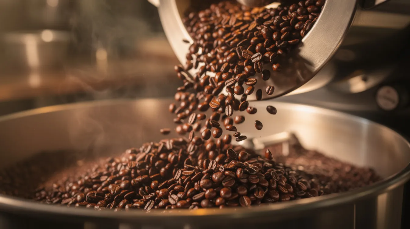 Granos de café recién tostados de un color marrón oscuro brillante caen de un tambor tostador, mostrando su textura crujiente y el aroma intenso que desprenden. Este proceso de tostado resalta las características únicas de cada variedad de café, prometiendo una taza llena de sabor y gusto.