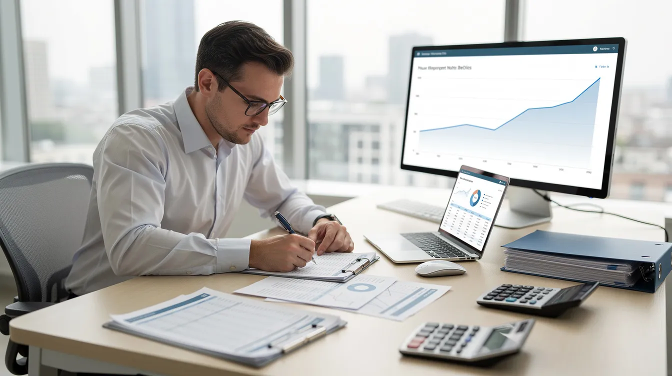 A professional accountant is carefully reviewing financial documents at a modern desk in an office setting, showcasing the dedication and expertise of itc accounting and tax consultancy. This scene emphasizes the importance of tax solutions and compliance for clients in a bustling business environment.