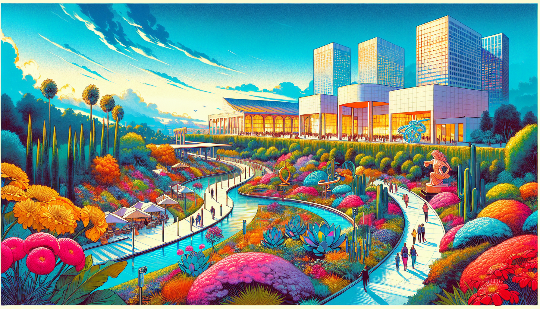 An engaging illustration of world-class museums in Los Angeles, highlighting the Getty Center and the Los Angeles County Museum of Art.