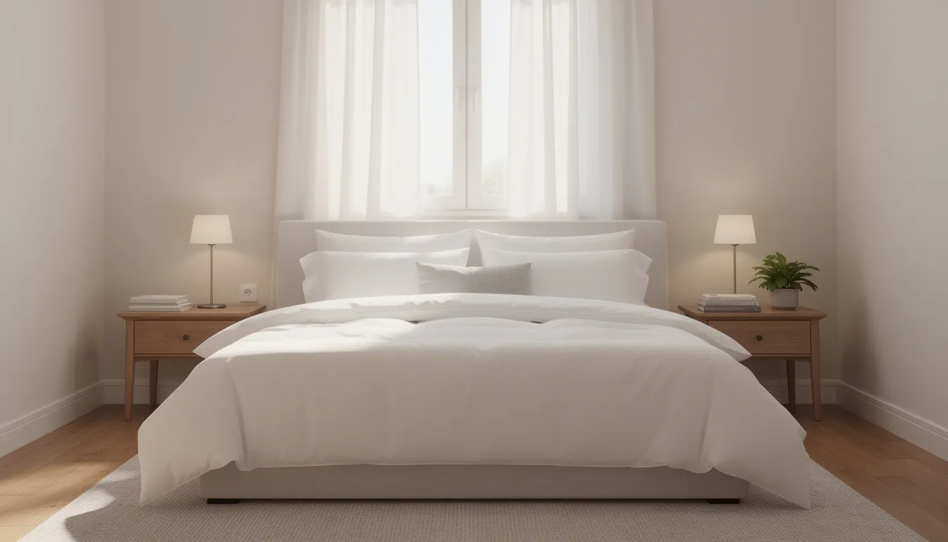The image depicts a clean and organized bedroom featuring fresh bedding on a neatly made bed, creating a serene atmosphere. This inviting space highlights the importance of maintaining good condition mattresses and the benefits of proper mattress removal and recycling services to ensure a clutter-free environment.