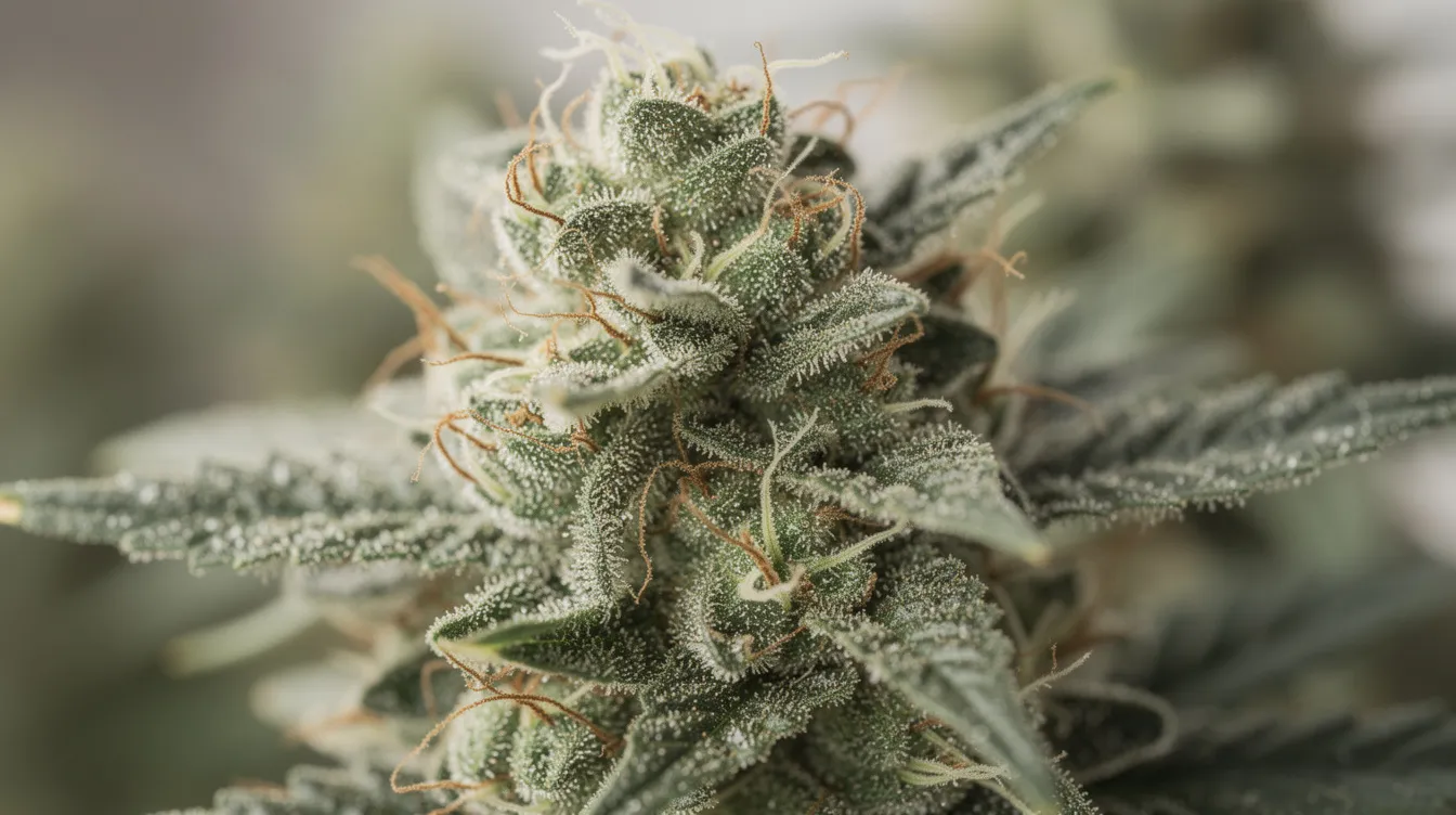 Die Nahaufnahme zeigt Cannabisblüten mit sichtbaren Trichomen, die reich an Terpenen wie Linalool sind. Diese Blüten strahlen einen entspannenden Duft aus, der auf die beruhigenden Eigenschaften und die Wirkung von Linalool in Cannabis hinweist.