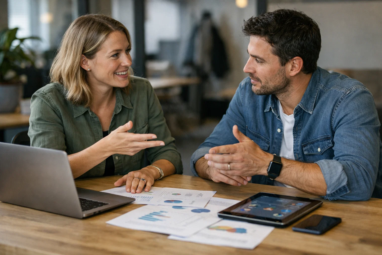 Marketing team planning paid social media campaigns and reviewing strategy in office setting