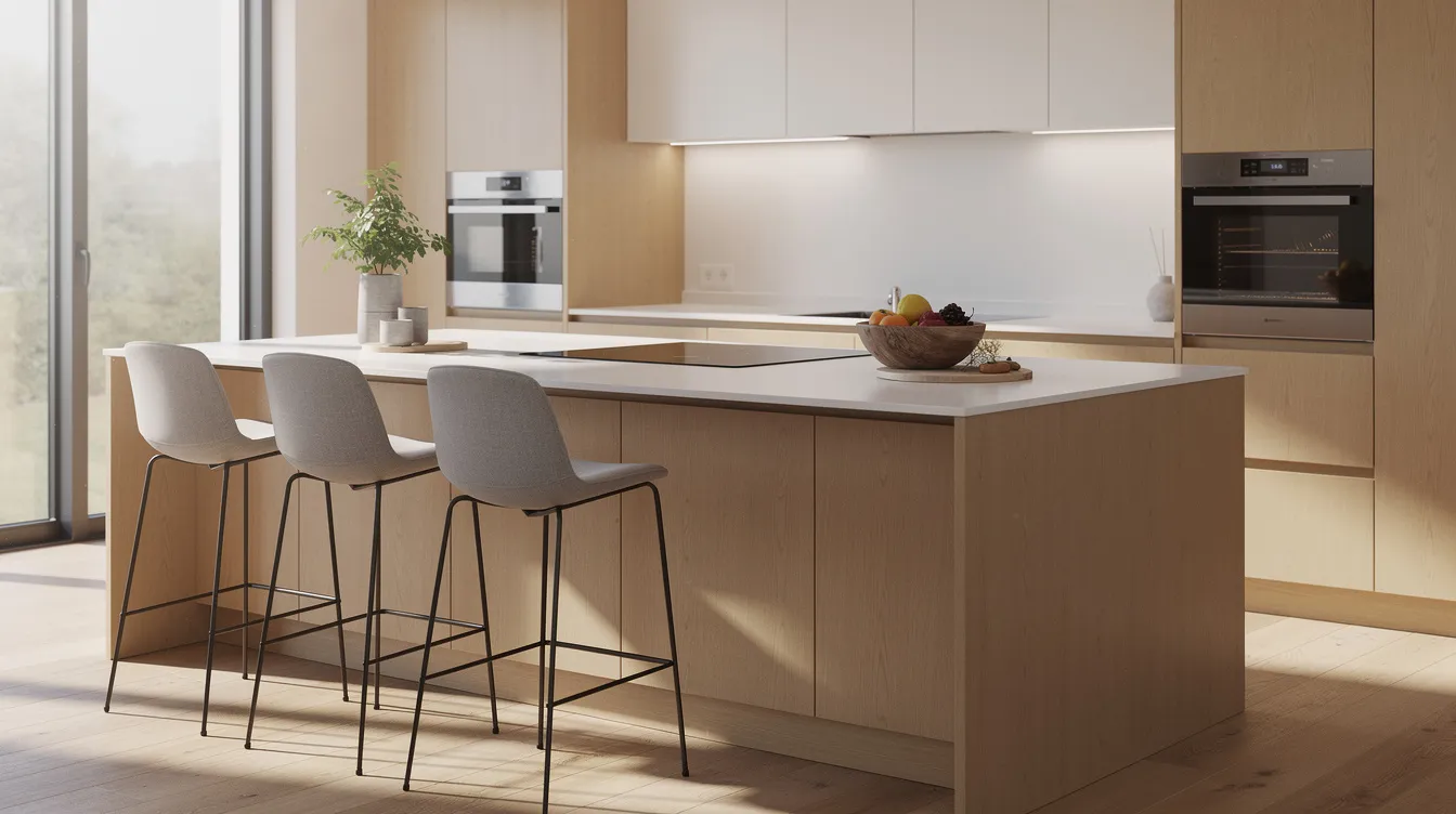 De afbeelding toont een moderne keuken met een houten kookeiland, omringd door drie verstelbare barkrukken met metalen poten en stoffen zittingen. Deze barkrukken bieden een comfortabele zithouding en zijn ideaal voor een optimale zitervaring aan de bar of kookeiland.