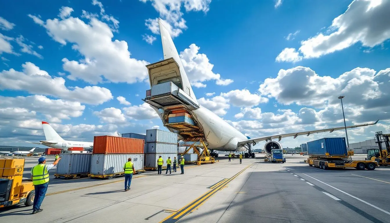 A large cargo aircraft is seen being loaded with freight containers at a busy international airport, showcasing the logistics industry in action as air freight shipments prepare for global delivery. The scene highlights the vital role of air carriers and freight forwarders in facilitating efficient transportation and supply chain operations.