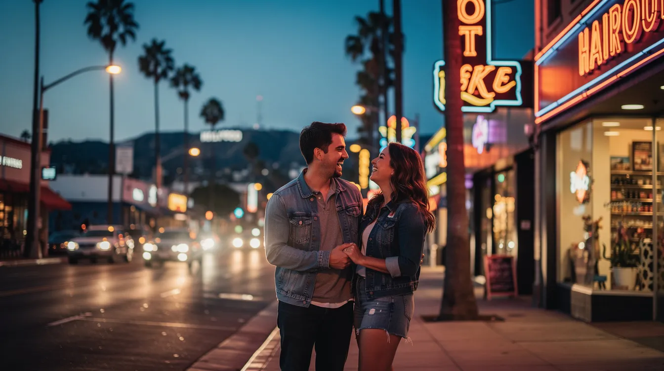 A couple enjoys a romantic evening on their first date in Los Angeles, surrounded by the vibrant atmosphere of Santa Monica. They share laughter and conversation, connecting as they explore the fun and exciting world of LA singles.