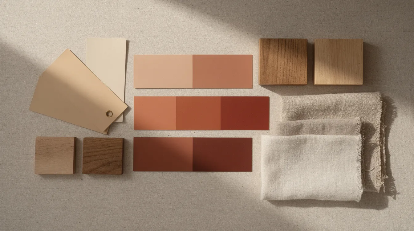Een staalkaart met zand-, beige- en terracottatinten ligt naast houten samples en linnen stofstalen, wat kenmerkend is voor deze woonstijl. De zachte kleuren en natuurlijke materialen benadrukken de balans tussen soberheid en gezelligheid.