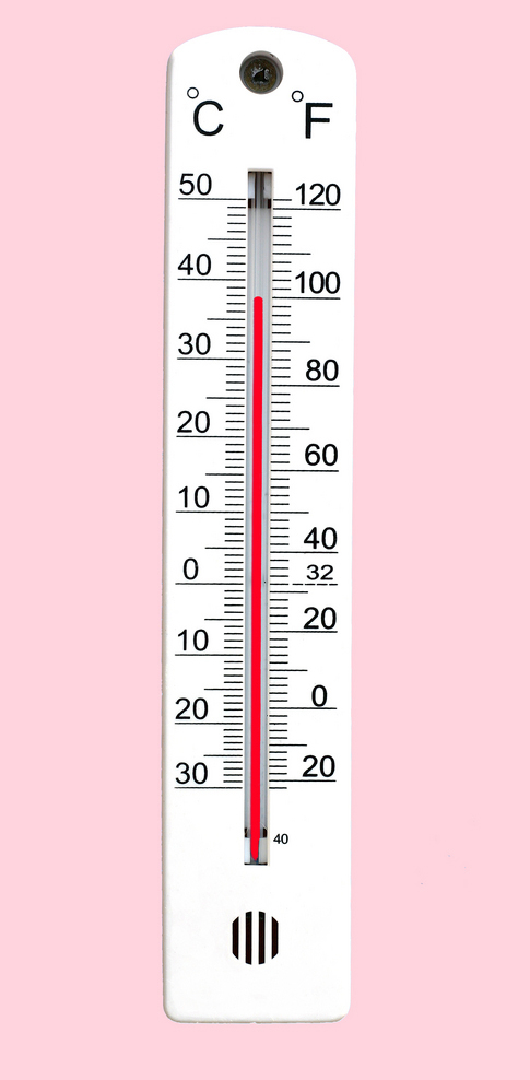 A thermometer showing the temperature in Celsius and Fahrenheit