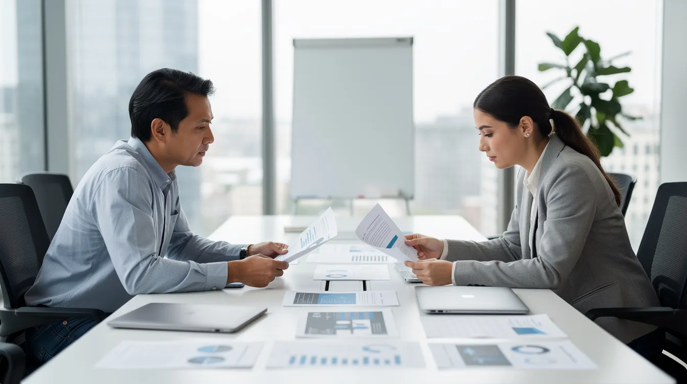 The image shows two people sitting across a table, carefully reviewing paper documents together, possibly discussing the terms of a prenuptial agreement. They appear to be focused on ensuring full disclosure of their financial interests and assets, which is essential for creating a valid contract that protects both parties in the event of a divorce.
