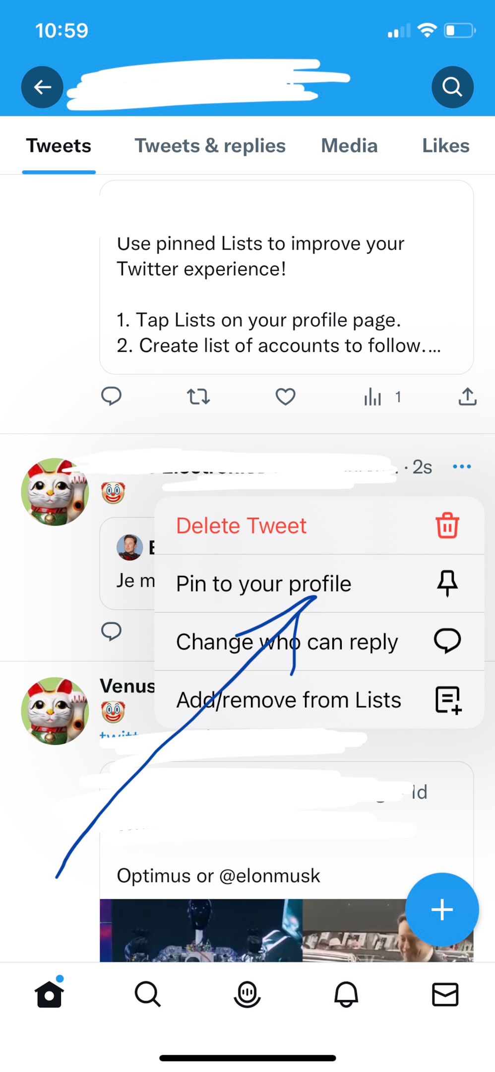 Screenshot of the process to pin a tweet on Twitter using iPhone