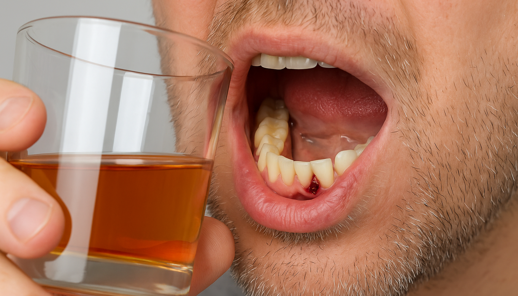 Nærbilde av mann med åpen munn etter tanntrekking som holder et glass med alkohol foran seg. Ask ChatGPT