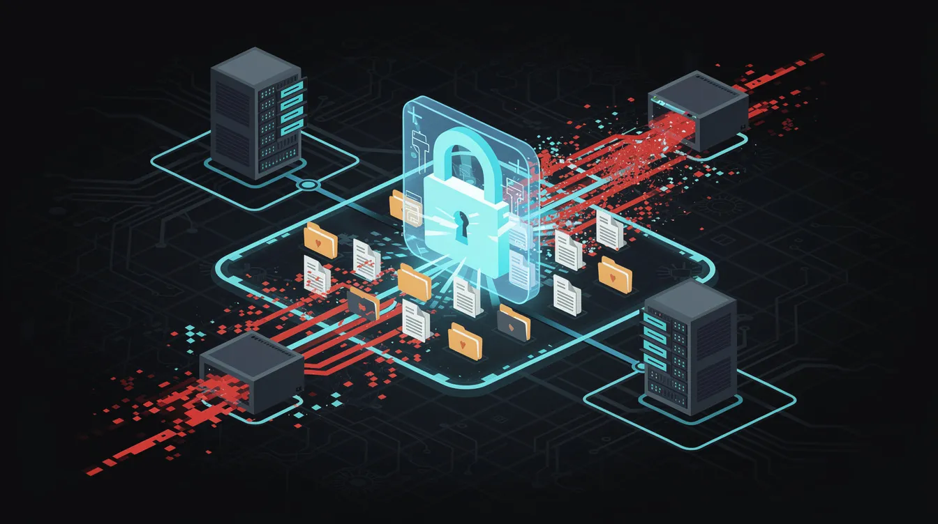 The image depicts a minimal illustration of a ransomware attack, featuring a corporate server network with files locked behind a glowing digital lock. Red data streams leak outward against a dark, futuristic cyber grid background, symbolizing the threat to sensitive data and the potential for malicious software to compromise security measures.