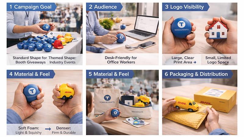 How to choose promotional stress balls based on campaign goal, audience, logo space, material feel, and giveaway packaging