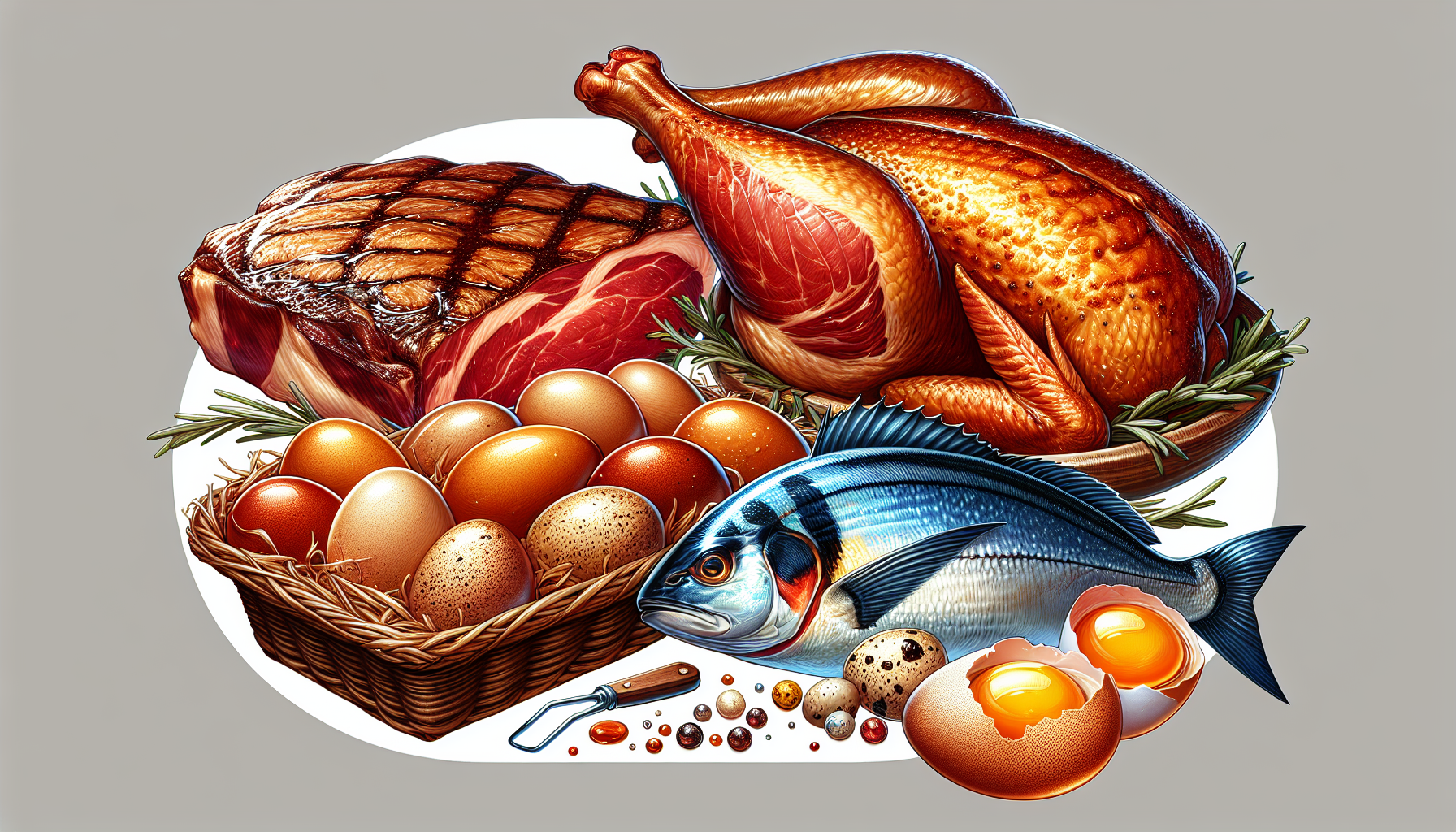 Illustration of various animal products like red meat, poultry, fish, and eggs