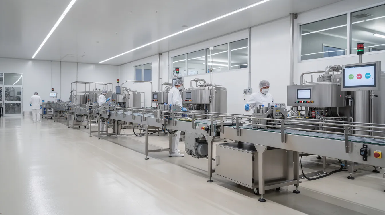 3ff3cb1e e1ac 4035 90ed 54ef27e66ebf The image depicts a modern food processing production line featuring stainless steel equipment in a clean factory environment, ideal for rice flakes manufacturing. This setting highlights the efficient manufacturing process and reflects the industry's focus on quality and hygiene in food production.