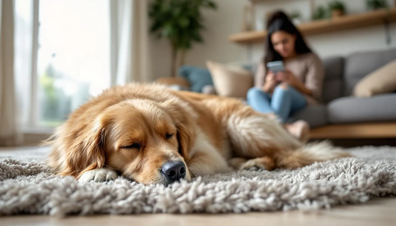 A calm dog is resting peacefully on a soft surface while its owner monitors nearby, ensuring the dog