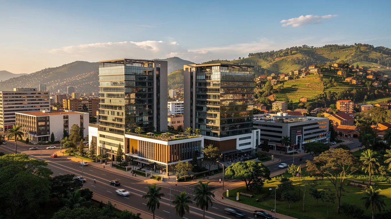 The image showcases a modern skyline of Kigali, featuring sleek commercial buildings against a backdrop of lush green hills, symbolizing the growth and development of Rwanda's banking sector. This vibrant cityscape reflects the future of financial inclusion and services tailored to meet the needs of businesses and individuals in the region.