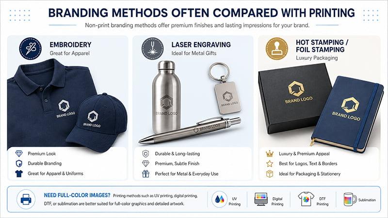 Embroidery laser engraving and foil stamping compared with printing methods for premium branded products