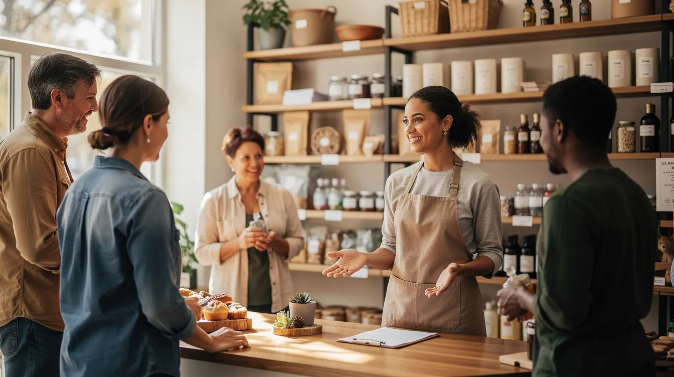 A person wearing an apron stands in a local retail shop, engaging with customers, discussing market prices, and fostering a sense of community. The image reflects the success of the business, emphasizing the importance of customer relationships and the ability to remain a vibrant atmosphere in the location.