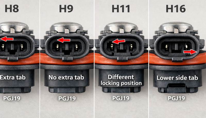 H8, H9, H11, H16 bases close-up showing PGJ19 tab differences, arrows highlighting extra tabs and locking positions.