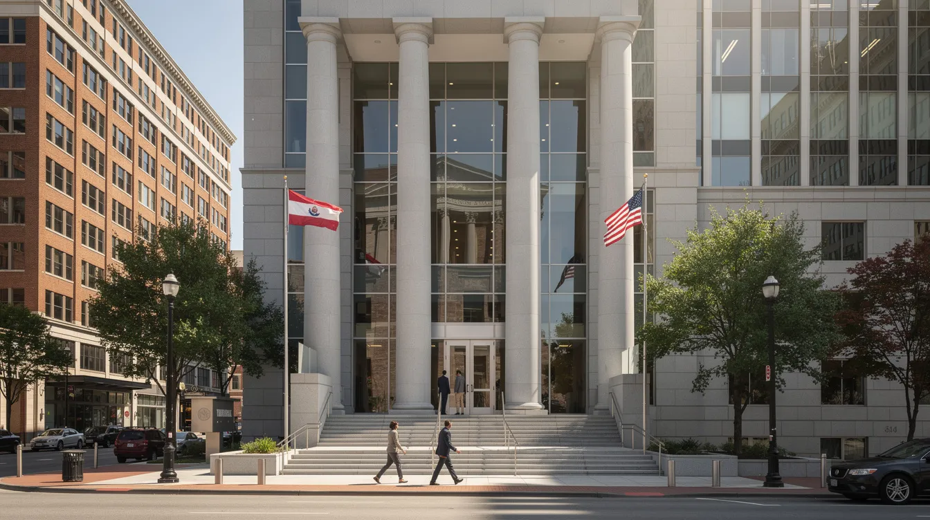 The image depicts a modern courthouse entrance featuring grand stone columns, set against the backdrop of a vibrant downtown Tennessee. This location serves as a critical venue for civil litigation and complex legal disputes, where civil attorneys and trial lawyers represent clients in state and federal courts.