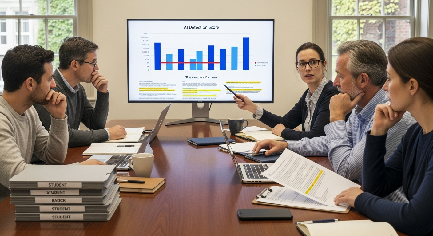Academic review panel assessing AI detection results during college admissions screening.