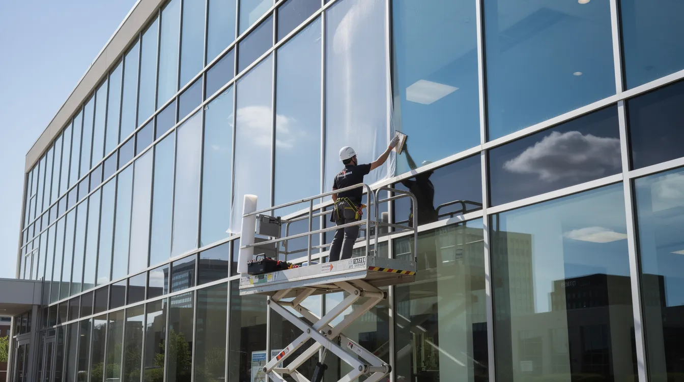 A professional is seen carefully installing window film on a large commercial glass facade while the sun shines brightly overhead. This image highlights the importance of business services in property management and reflects opportunities for franchise ownership in the services industry.