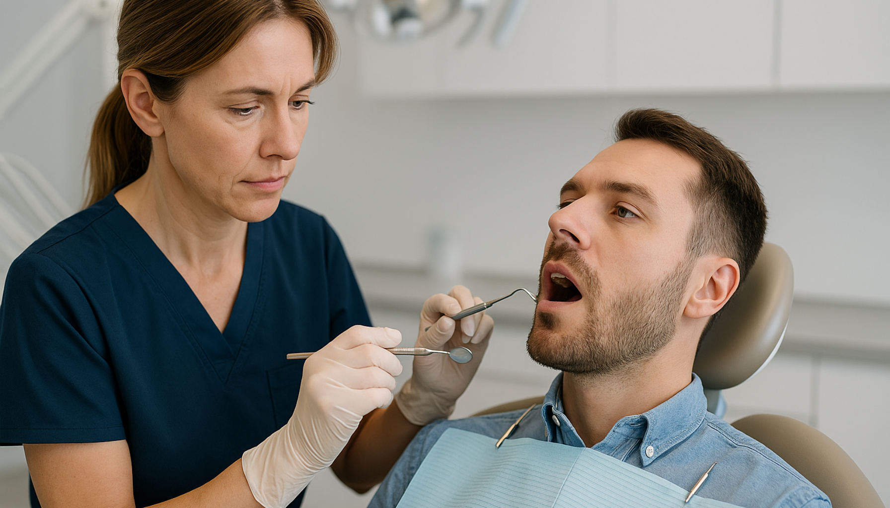 Tannspesialist på Eiksmarka – Når trenger du én? 19 Tannspesialist undersøker mannlig pasient i tannlegestol med speil og sonde i lyst, moderne behandlingsrom.