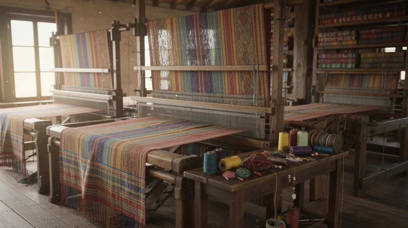 The image showcases a vibrant array of textile fabrics and traditional looms within a weaving workshop, highlighting the intricate craftsmanship involved in the manufacturing processes. This scene reflects the potential for small finance banks and financial institutions to support micro enterprises through initiatives like the Pradhan Mantri Mudra Yojana, fostering entrepreneurship in the textile industry.