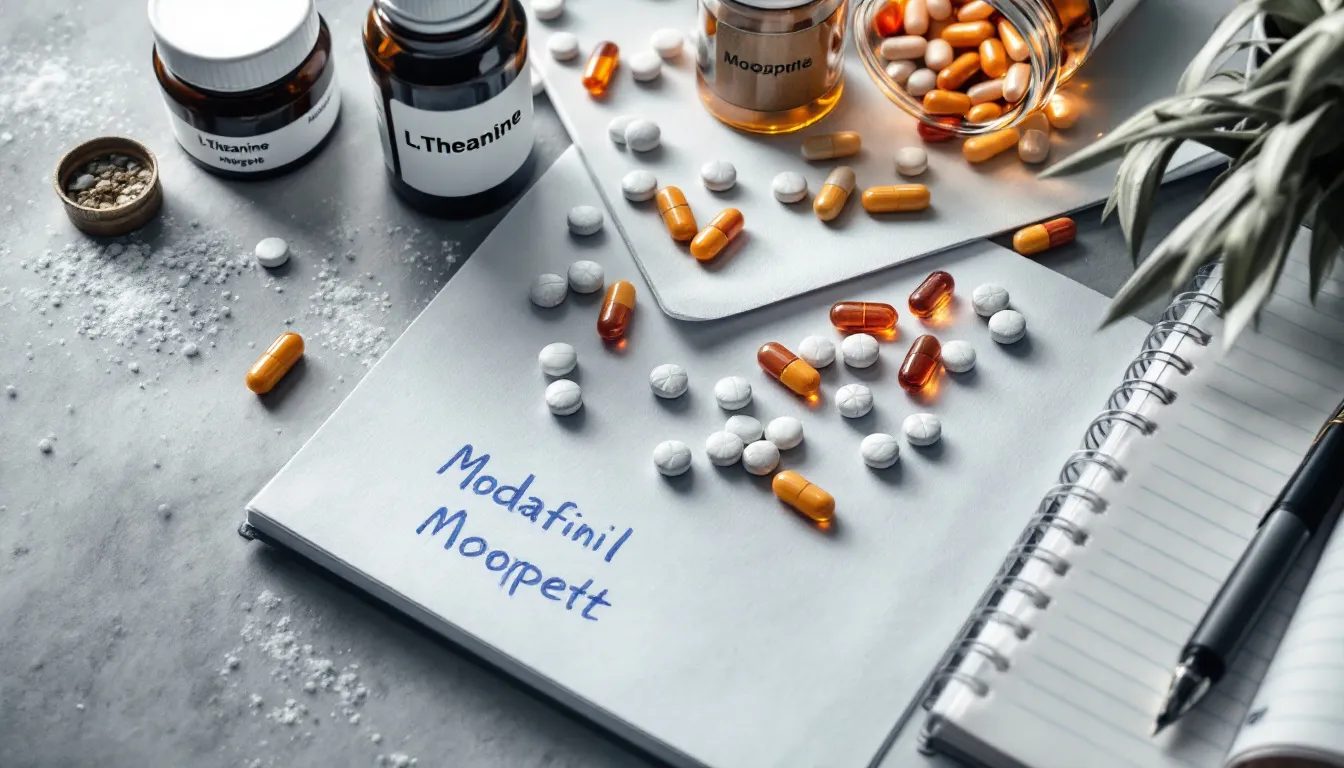 The image depicts an array of nootropic supplements, including natural nootropics like ginkgo biloba and bacopa monnieri, designed to enhance cognitive function and brain health. These smart drugs are shown alongside information about their potential cognitive benefits, such as improving memory retention and mental clarity, highlighting their role in targeting multiple pathways for overall brain performance.