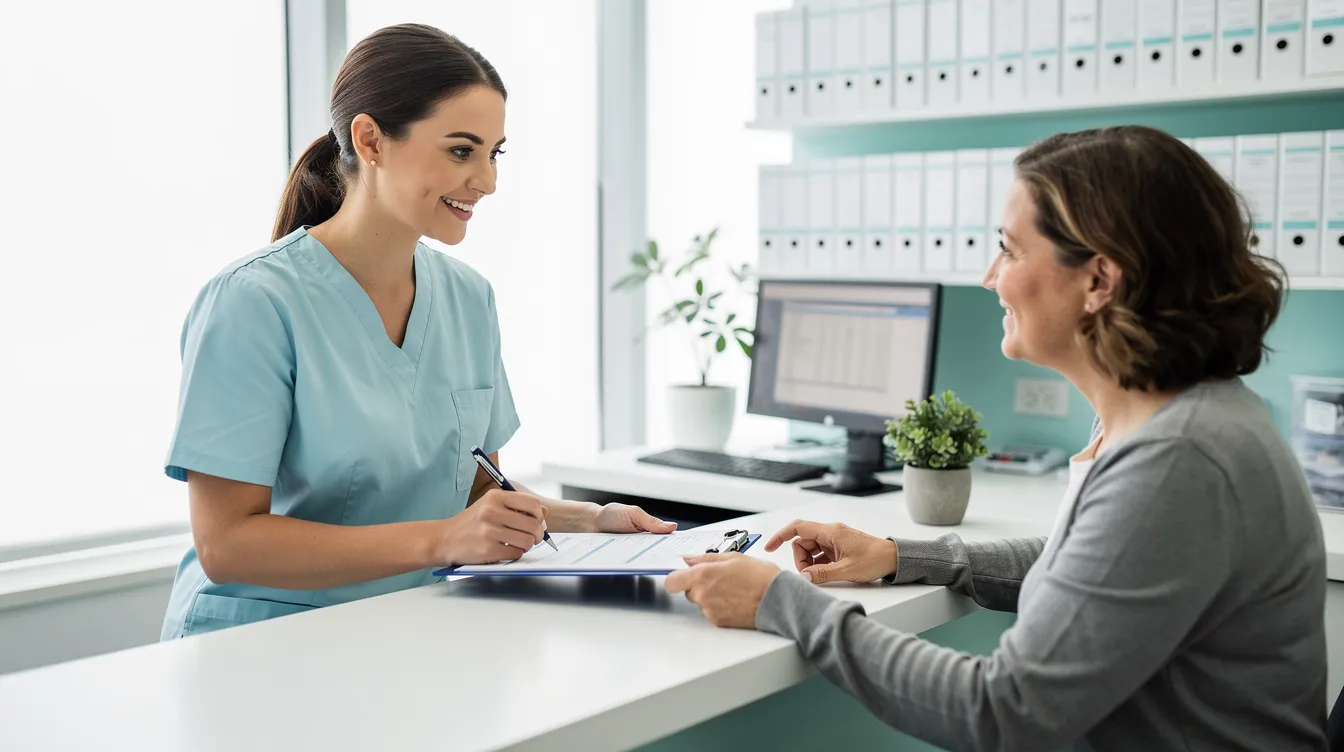 A dental staff member is seated at the reception desk, engaging in a conversation with a patient about their paperwork, which likely includes details related to dental insurance, billing processes, and insurance coverage for dental services. The interaction emphasizes the importance of understanding insurance information and financial assistance options within the dental practice.