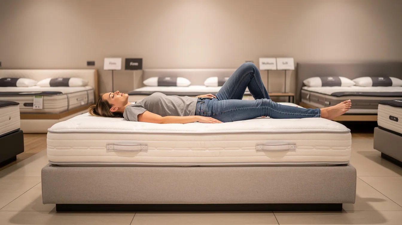 A person is lying on a medium firm mattress in a showroom, testing its firmness and support while considering their sleep position. This scene highlights the importance of proper spinal alignment and pressure relief for a restful night&rsquo;s sleep, catering to various personal preferences for optimal sleep health.