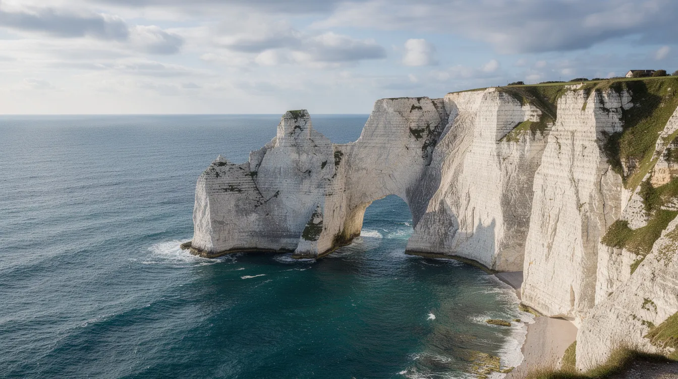 Acantilados de tiza blanca con arco natural sobre el mar en Étretat, Normandía