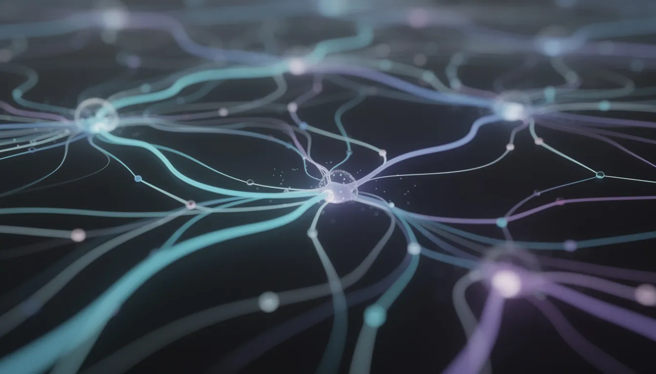 Die abstrakte Darstellung eines neuronalen Netzwerks zeigt leuchtende Verbindungslinien, die die Komplexität der künstlichen Intelligenz verdeutlichen. Diese visuelle Interpretation symbolisiert die interaktiven Prozesse von KI-Modellen und deren Einsatz in Technologien wie Chatbots und KI-Tools.