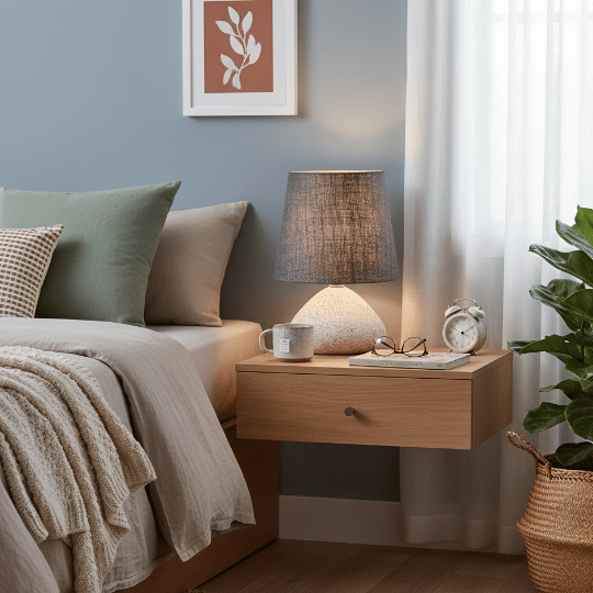 Vintage bedside table lamp with ceramic base and textured fabric shade, soft vintage lighting idea for a cozy bedroom.