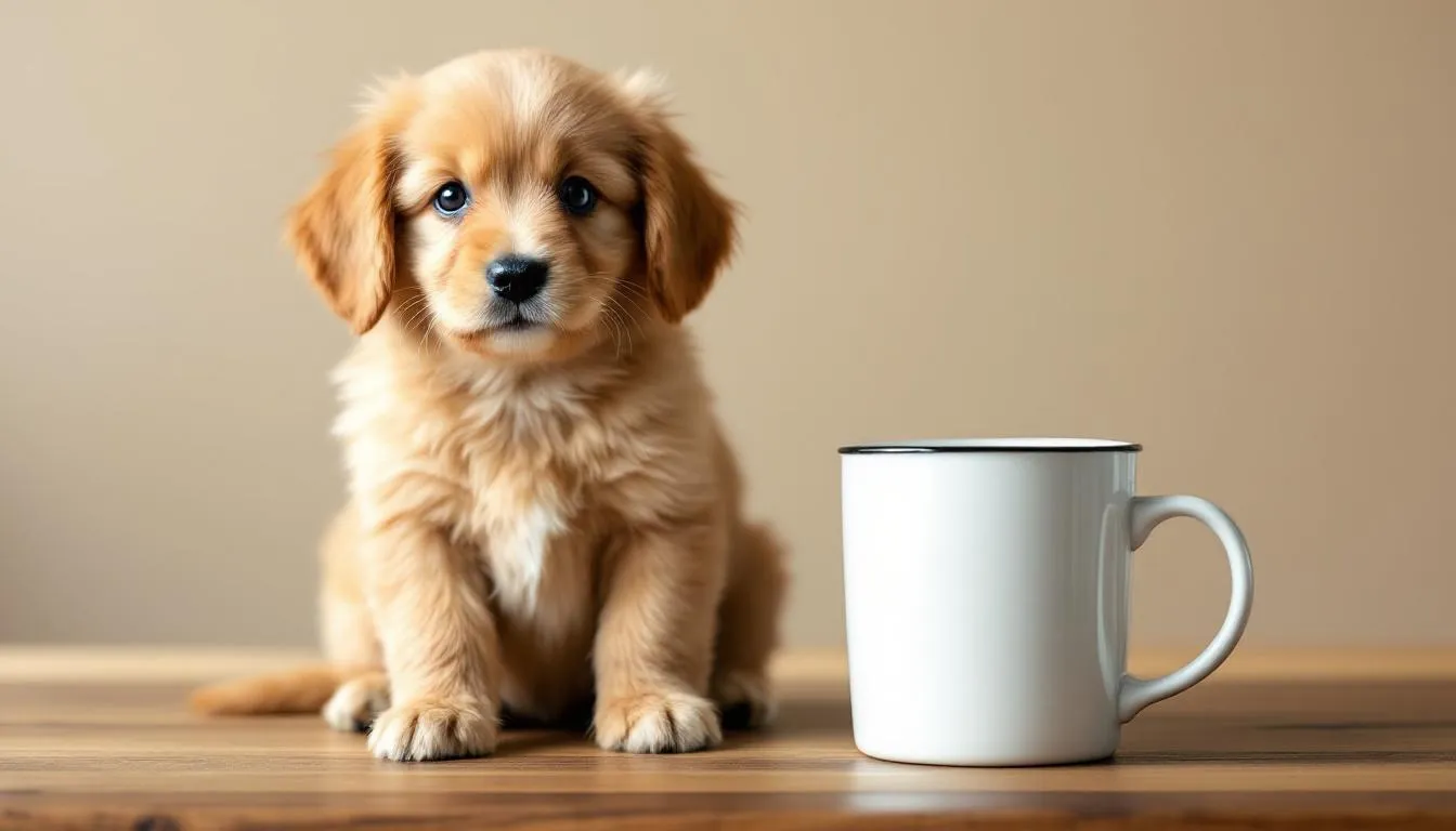 A small teacup goldendoodle sits next to a coffee cup, highlighting its tiny stature and adorable appearance. This full grown mini goldendoodle showcases its playful spirit and gentle nature, making it an excellent companion for various living environments.