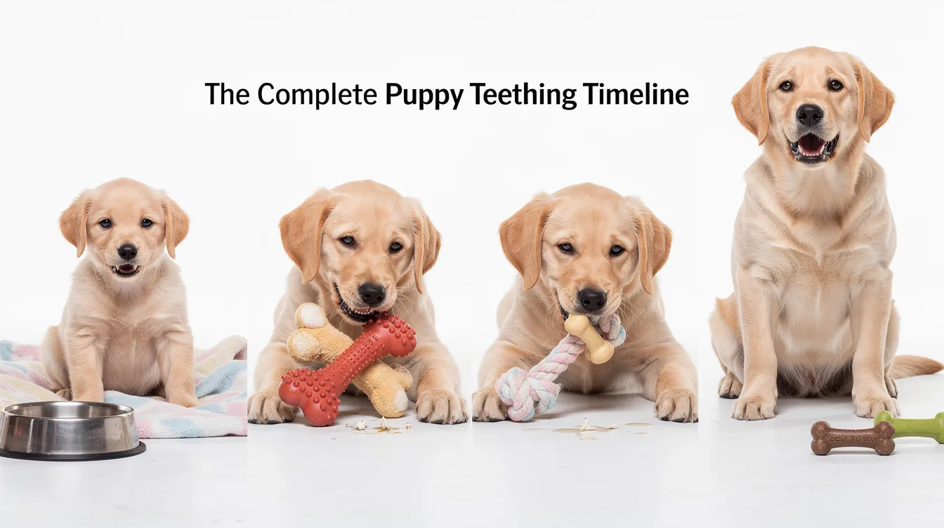 The image depicts a teething puppy with its tiny baby teeth visible, showcasing swollen gums and an array of safe chew toys nearby to help soothe its teething pain. The scene captures the natural teething process, illustrating the transition from baby teeth to adult teeth in a playful and engaging manner.