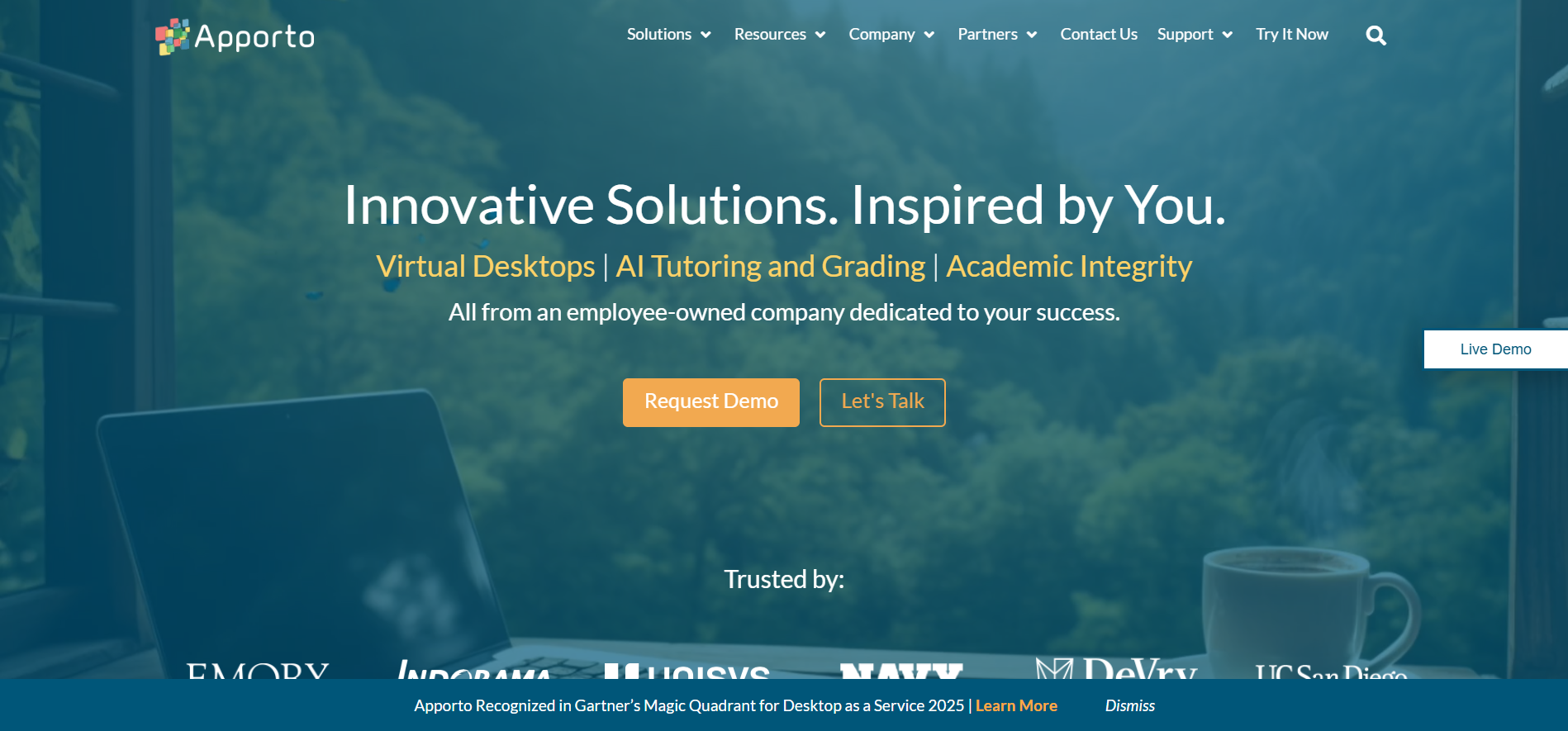 Alt Text: Apporto homepage showcasing browser-native virtual desktop solutions, AI-powered education tools, and cloud-based Desktop as a Service (DaaS) offerings.