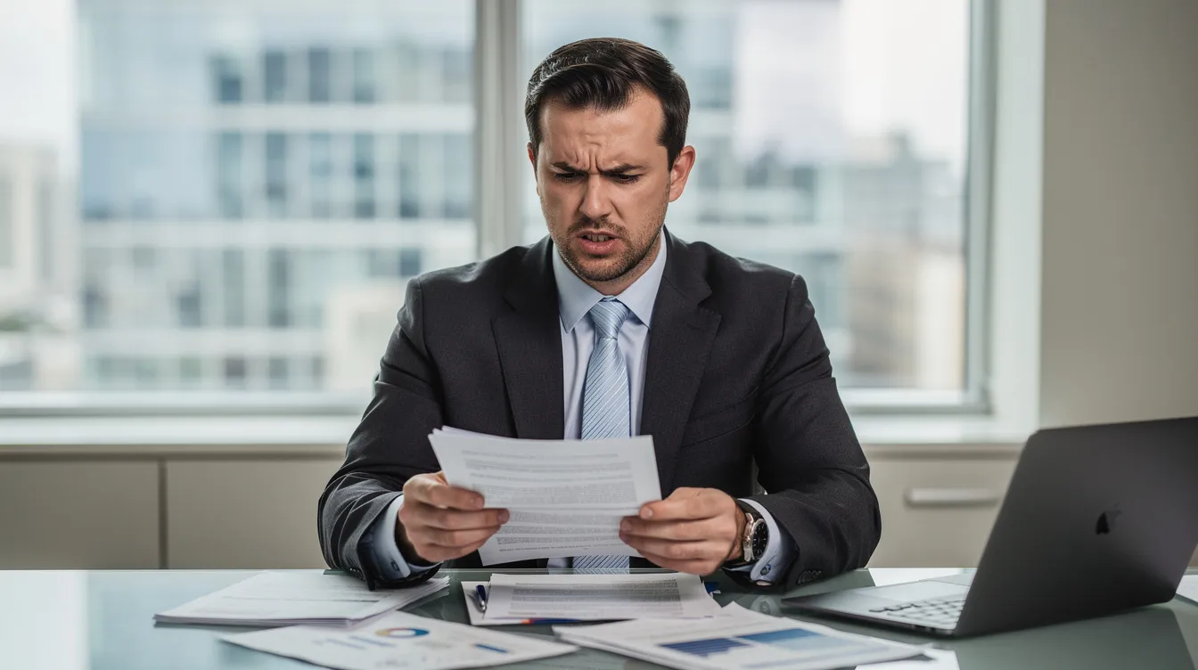 A professional in business attire is intently reviewing documents with a concerned expression, likely related to a workers compensation claim. The scene suggests a focus on important details that may impact benefits, such as medical treatment and permanent disability benefits within Colorado's workers compensation system.