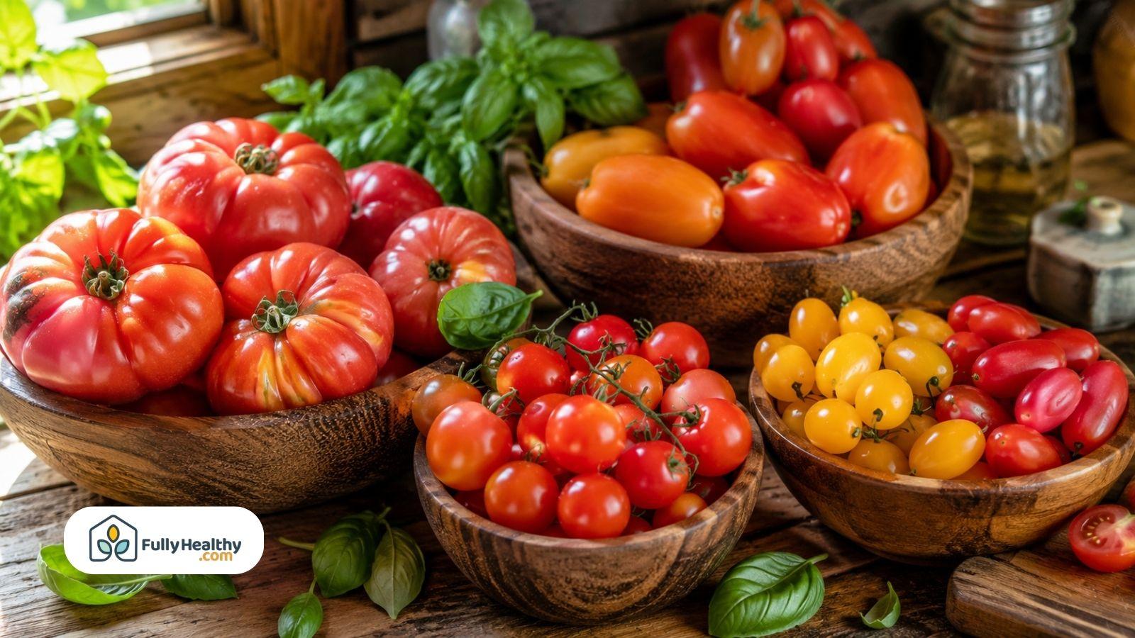 Assorted fresh tomatoes in wooden bowls with basil on rustic kitchen table