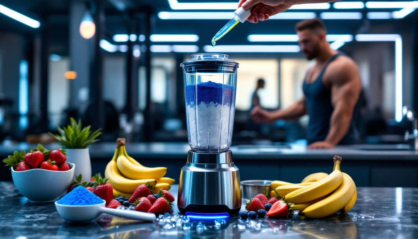 A protein shake being prepared with fruits and protein powder, emphasizing muscle recovery.